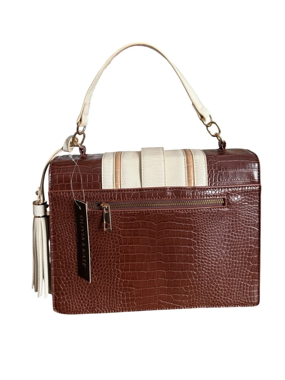Olivia + Joy Brown and Cream Croc-Texture Top Handle Satchel